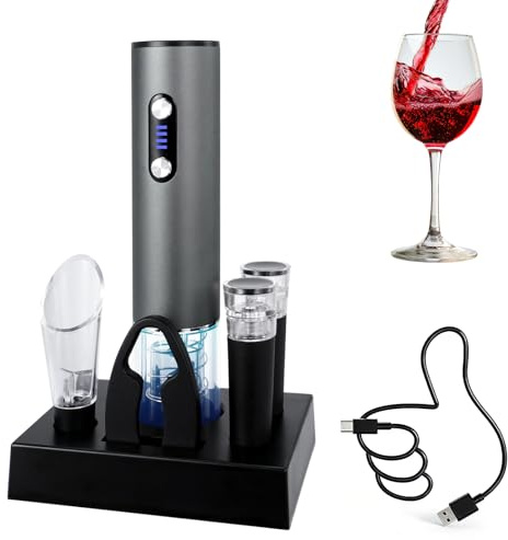 HiPiCok Abridor de vino eléctrico, abridor de botellas de vino Automtic, juego de abridor de vino recargable USB-C con cortador de aluminio, aireador de vino, vertedor de vino, 2 tapones al vacío y