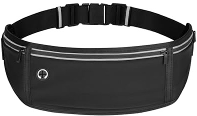 FitDA Ceinture de Course, Ceinture de Course Réglable, Sac Banane Étanche | Homme et Femme, Respirant Léger, Trois Poches, avec Bande Réfléchissante et Trou pour Écouteurs, pour Jogging, Marathon, Noir