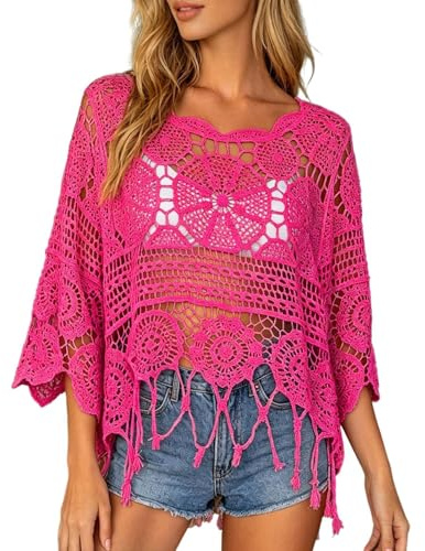 Crochet Tops for Women UK Sexy Hollow Out Crochet Top Casual Short Sleeve Jumper Summer Knit Sweater Cover Up Pullover Lightweight Oversized Streetwear Baggy Y2K Tops