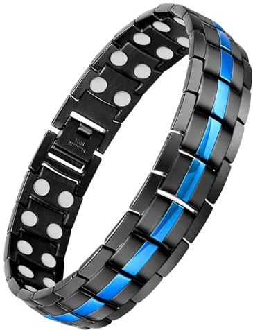 Feraco Magnetic Bracelet for Men Titanium Steel Bracelets with Double Row Magnets Adjustable (Black & Blue)
