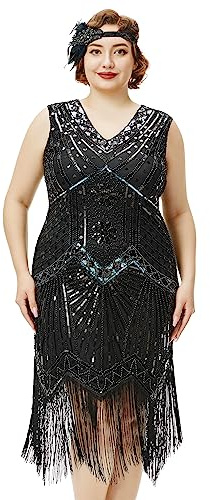 BABEYOND Women's Plus Size Flapper Dresses 1920s V Neck Beaded Fringed Great Gatsby Dress, Glam Black, 5X-Large