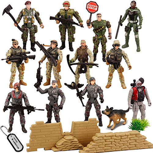 JOYIN 16 Pièces Soldats Militaires Jouets Ensemble de Jeu Figurines avec 12 Figurines d'action Réalistes de Garde Forestier et Accessoires d'Équipement d'Arme pour Combat Militaires