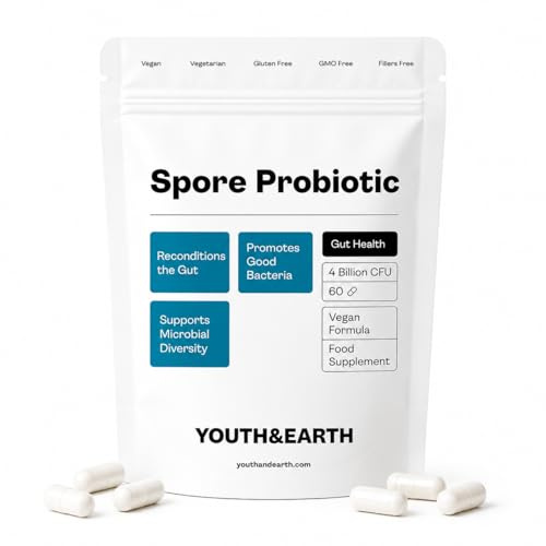 Youth & Earth Spore Probiotics 4 Billion CFU Count - Probiotics for Gut Health & Immune Support | Gut Health Supplements for Digestive Health | 60 Capsules