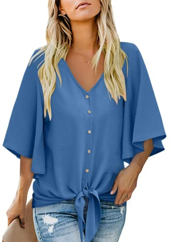 Aokosor Womens 3/4 Sleeve Tops Ladies Blouses V Neck Tunic Button Shirts Curved Hem