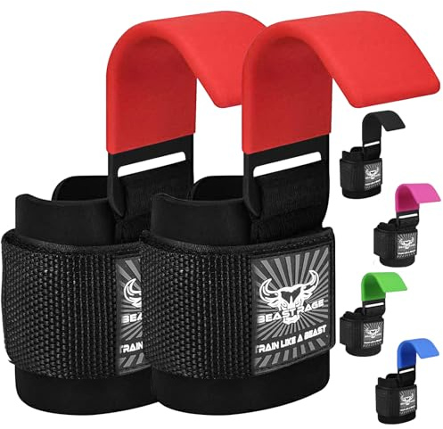 BEAST RAGE Ganchos para levantamiento de pesas, correas de muñeca de neopreno grueso acolchado con revestimiento de goma, antideslizantes, levantamiento de peso, entrenamiento, gimnasio, (Red)