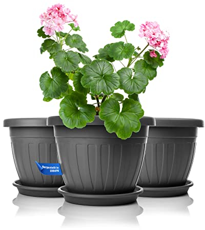 BigDean 3X Blumentopf mit Untersetzer rund ø28xH20 cm anthrazit - wetterfester Pflanzkübel - Wasserablauf UV-beständig aus bruchsicherem Kunststoff - Innen + Außen geeignet - Made in Europe