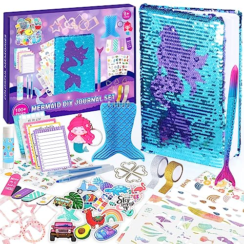 Meerjungfrau DIY Journal Set, 100+PCS Reversible Pailletten Scrapbook Diary Supplies Set, Kunst und Handwerk Kits, Tagebuch Zeug für Tweens Teens, großes Geschenk für 8-14 Jahre alte Mädchen (lila)