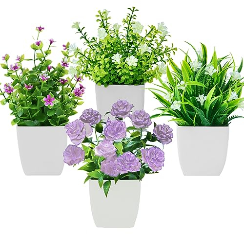 Bafenli 4 Pièces Mini Plantes Artificielles avec Pot Petit Faux Plantes avec Fleurs pour Maison Bureau Table Chambre Salle de Bain Décoration Intérieur