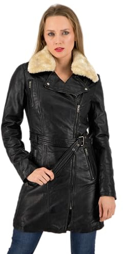 URBAN 5884 Giacca Lunga in Pelle da Donna, MILOU, Cappotto in Vera Pelle di Agnello, Giubbotto Invernale Aderente e Morbido al Tatto, Nero, XL