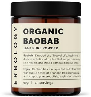 Erbology Baobab in Polvere Bio 90g - 45 Porzioni - Salute della Pelle e Supporto Immunitario - Ricca di Vitamina C, Vitamine del Gruppo B e Polifenoli - Direttamente dalla Fattoria - Vegana