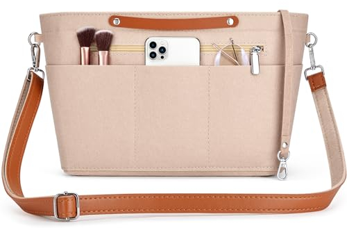 Witnewrage Handtaschen Organizer, Handtaschenorganizer aus Filz mit Reißverschluss und Schultergurt, Taschen Organizer Shopper, Multi-Pocket Handtasche Innentasche für Damen Mädchen (Beige, L)