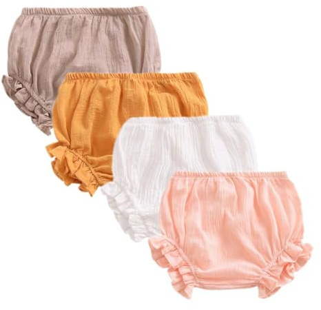 AOOPOO Lot de 4 Shorts en Coton et Lin pour Bébé Fille Eté Bloomer Couvre-Couche Mignon Culotte sous-vêtements Souple Pantalon Court Respirant Volants Slips Elastique pour Tout-Petits Fille