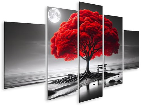 islandburner Prime Quadro su tela Albero rosso luminoso su una spiaggia monocromatica con luna, poster