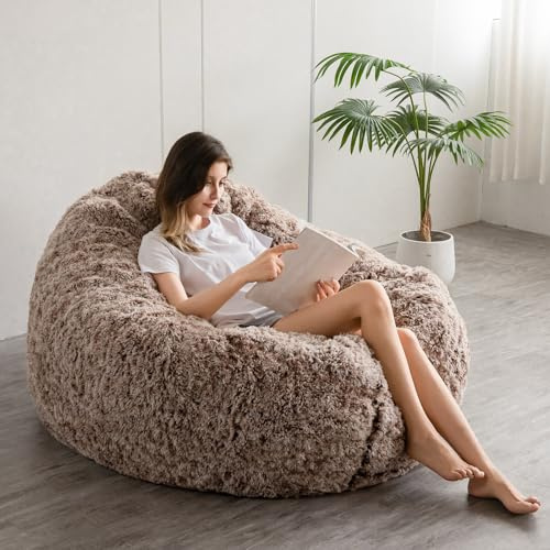 MAXYOYO Giant Bean Bag Bed - Round Bean Bag Chair - Large Sofa with long Faux Fur Cover and Fluffy Filling Included for Adult, Couples, Guest (Coffee, 180x180 cm)