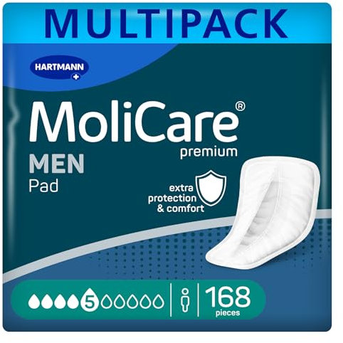 MoliCare MEN Pad 5 Tropfen Inkontinenzeinlagen für Männer, Schutz bei mäßiger Inkontinenz mit Auslaufschutz, Sofort-Trocken-Gefühl, fortschrittlicher Hautschutz, 168 Stück