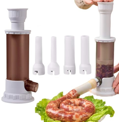 Machine à Saucisses,Liuer Poussoir à Saucisses Machine Manuelle de Remplissage de Viande de Saucisse,Qualité Alimentaire Poussoir à Saucisses Manuel,avec 4 Tubes de Remplissage (Gris)