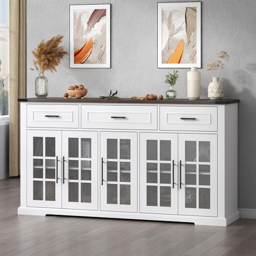 Gyfimoie 63 Sideboard Buffet Cabinet with Glass Doors, Farmhouse Large Buffet Table with 3 Storage Drawers, Modern Coffee Bar Wine Bar Cabinet with Adjustable Shelves for Kitchen, Dining Room, White
