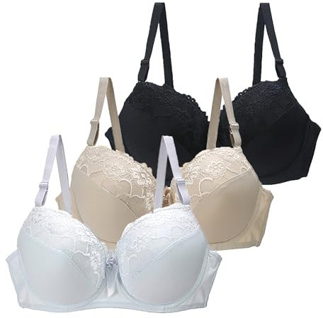 CSWH 3er Pack BHS Damen mit Bügel Push Up Sexy Spitzen-BH Frauen Starker Halt Große Brüste Klassische BH Set Bequemer Unterwäsche Bra mit Verstellbaren Trägern für Alltag