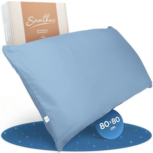 Samthus Kopfkissenbezug 80x80 Baumwolle Satin - Oeko-Tex Made In Green - Himmlisch weicher Schlaf mit atmungsaktivem Kissenbezug - 1x Kissenhülle - Hellblau - mit YKK Reißverschluss