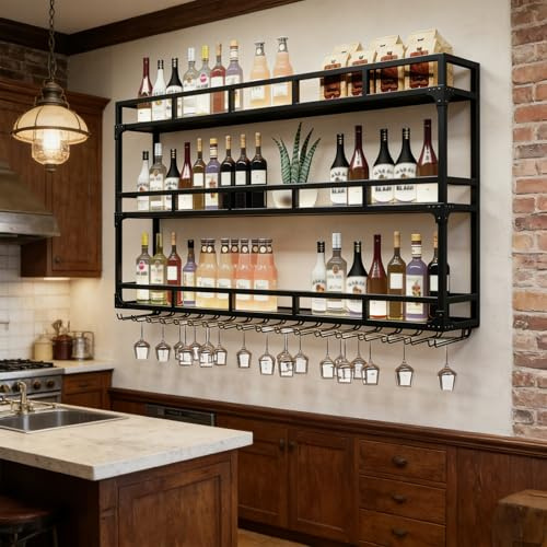 amhricho Botellero Industrial Montado En La Pared, 3 Niveles Estante Multifuncional para Exhibición De Vinos, Estante para Botellas De Vino Montado En La Pared (Black, 120 * 25 * 90CM)