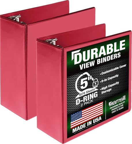 Samsill Durable 5 Inch Binder, D Ring Binder, Customizable Clear View Cover, Red, 2 Pack, Each Holds 1050 Pages