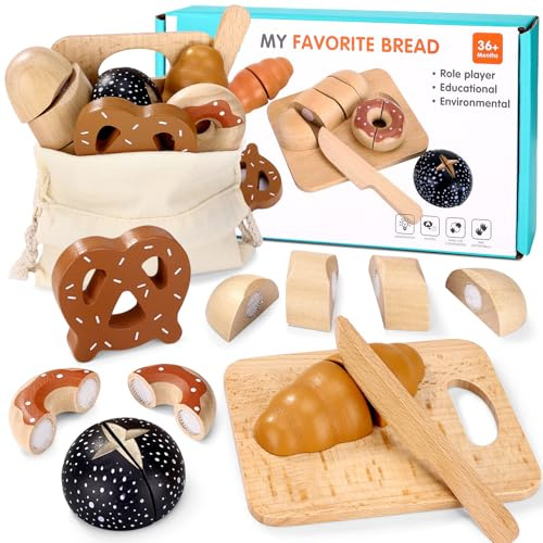 Mexgcom Jouets à Pain Bois BéBé, Jouets de Cuisine CoupéS du Pain en Bois, Jouez des Accessoires de Cuisine en Jeu Petit-DéJeuner avec Connexion Velcro, Cuisine pour Enfants Jeu 3 4 5 Ans