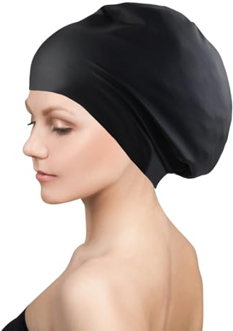 Dalephoric Bonnet de Bain Femme, Bonnet de Natation en Silicone Imperméable, Extensible Confortable, Swimming Cap, Doux et Résistant, pour Les Cheveux Longs, Tresses, Épais ou Bouclés (Noir)