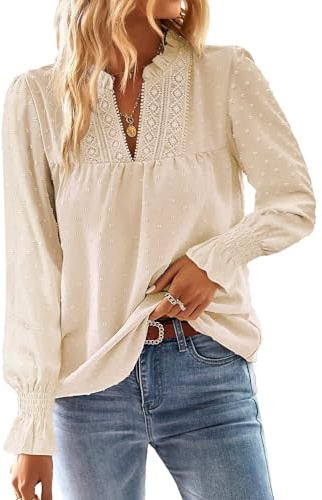 TUUHAW Camicia Donna Manica Lunga Boho Top Pizzo Elegante con Scollo a V | Bluse con Maniche a Balze Casual, Maglia Punto Svizzero Colore Puro, Abbigliamento Femmina Oversize Tshirt, Inverno Tunica