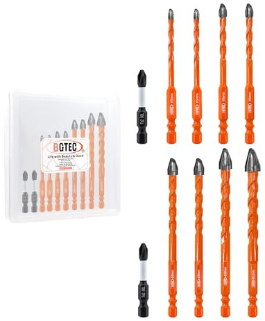BGTEC Fliesenbohrer Set - 10 Stück Ø 5-12 mm Glasbohrer Steinbohrer Bohrer Set mit Schlagschrauber-Bits für Holz, Kunststoff, Ziegel, Fliesen, Glas, Beton, Marmor
