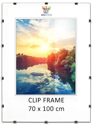 MG Design Cadre à clips 70 x 100 cm – cadre sans bordure en plexiglas pour photos, posters et puzzles – suspension verticale ou horizontale