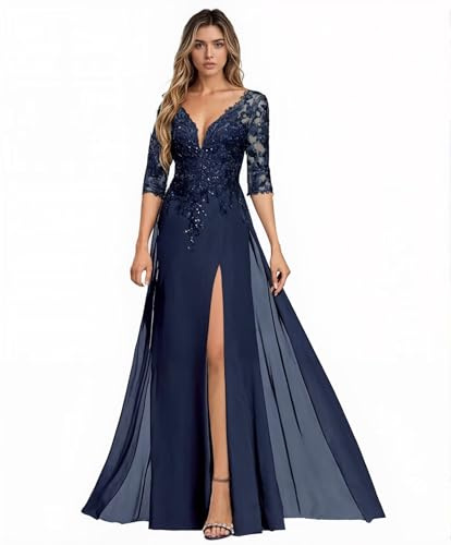 Sincemeet Abito da Sposa per la Madre della Sposa in Chiffon con Applicazioni in Pizzo e Scollo a V, Abito da Donna per la Madre dello Sposo