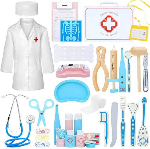 45 unidades de maletín médico para niños de madera con estetoscopio, jeringa, termómetro, juguete médico, bolsa de médico, juego de rol, regalo para niños, maletín de médico a partir de 3 años