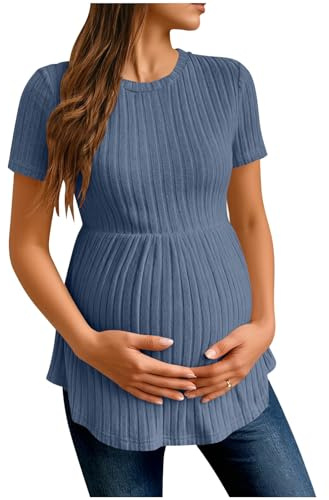 Top premaman da donna a maniche corte in maglia a costine camicie per gravidanza girocollo camicette lunghe primavera estate comoda tunica top casual allentato vestiti incinta leggero maglione a