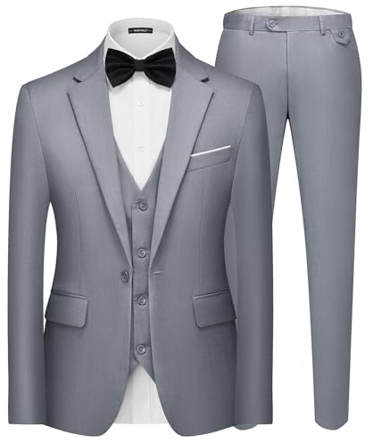 Mens Suits 3 Piece Slim Business Casual Wedding Party Light Grey