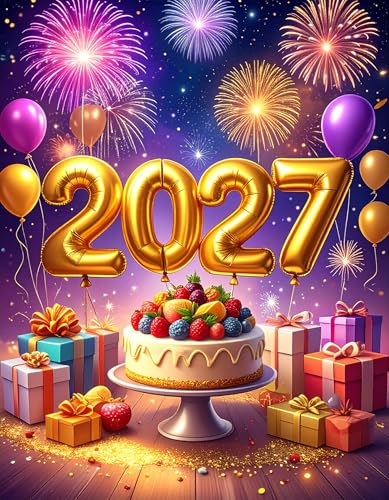 Tarjeta grande de Año Nuevo 2027, Nochevieja, globos y fuegos