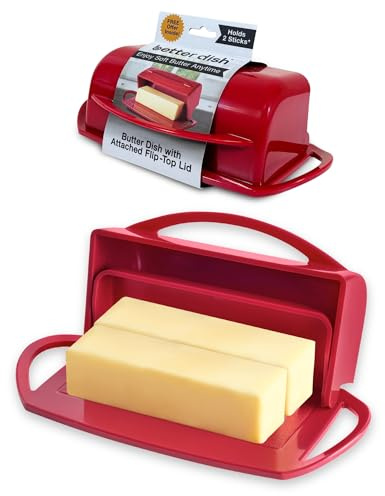 Better Dish Flip Top Butter Dish with Attached Lid - Holds 2 Sticks, Fits Kerrygold/European Butter - BPA Free & Dishwasher Safe - Red