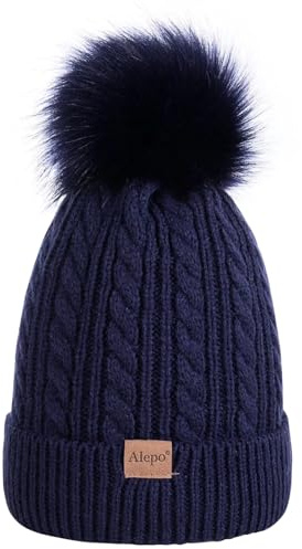 Kids Winter Beanie Hat, Children's Warm Fleece Lined Knit Thick Ski Cap with Pom Pom for Boys Girls (Navy)