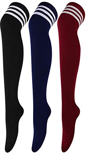 DRESHOW 3 Pares Calcetines Hasta la Rodilla para Mujer, Raya Escuela de Cosplay Casual Sobre la Rodilla Medias Hasta el Muslo Calcetines Largos
