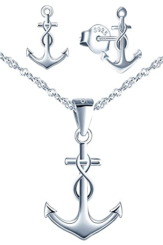 INFINIONLY Damer flickor halsband armband och örhängen, 925 silver smyckesuppsättningar smycken, ankare halsband armband örhängen, hänge armband örhängen med ankare och oändlighetssymbol, silver