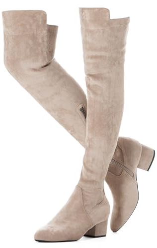 N.N.G Women Over the Knee Walking Boots Thigh High Suede Black Block Low 2 Inch Heel Chunky Above Knee Winter Pointed toe, Beige Ihch Heel, 8 UK