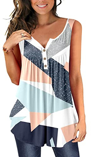 Ulovmi Womens Casual Tank Tops for Leggings Sleeveless Tunic Dressy Henley V-Neck Shirt Button Up Hide Belly Blouse Light Checked 2XL