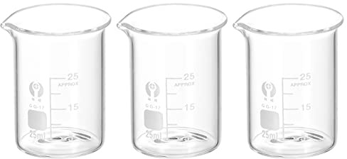 PATIKIL 3 st 25 ml lågformad glasbägare, 3,3 borosilikatglas graderad tryckt skala mätkoppar med pip för kök laboratorievätskor