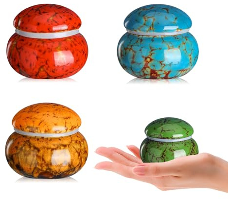 Joyfulmap - Juego de 4 pequeñas urnas de cremación para cenizas humanas/mascotas, urnas decorativas de cerámica de 1.6 pulgadas, 4 colores, mini urnas con caja, forro, contenedor de cenizas funerarias