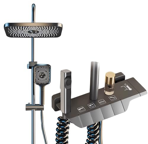 WRMING Regendusche mit Armatur, Duscharmatur Komplettset, Edelstahl Duschsystem Grau mit 30x20cm Eckig Kopfbrause Regendusche, Duschset, Duschgarnitur mit Handbrause, 3 Strahlarten Duschkopf