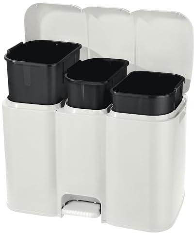 BuyStar Pattumiera Differenziata Bianca da 13+8+13 Litri Struttura Unica con Pedale e Secchi Estraibili 58.5x32xh41.5cm + Etichette Adesive per Differenziare il Riciclaggio