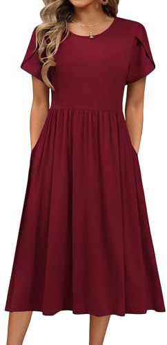 Hotouch Vestido de Verano para Mujer Manga Corta Cuello Redondo Casual Liso Vestido de Playa Línea A Midi con Bolsillo S-XXL