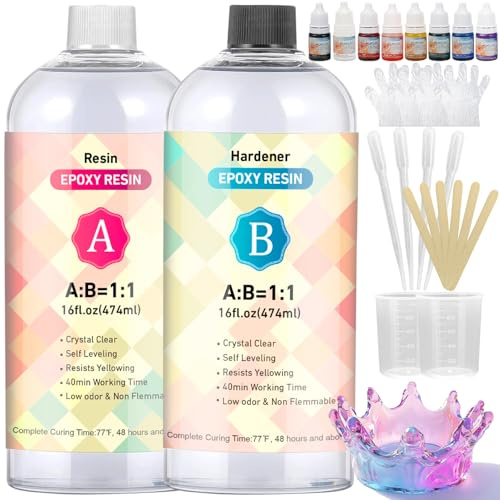 Epoxy Resin Kit - 32oz/948ml Upgrade Formula Resin Kits for Beginners Crystal Clear Epoxy Resin Glue Moulds, High Gloss Transparent UV Resin Jewelry River Table Tops DIY Art Kit (with 8-Color Pigment)