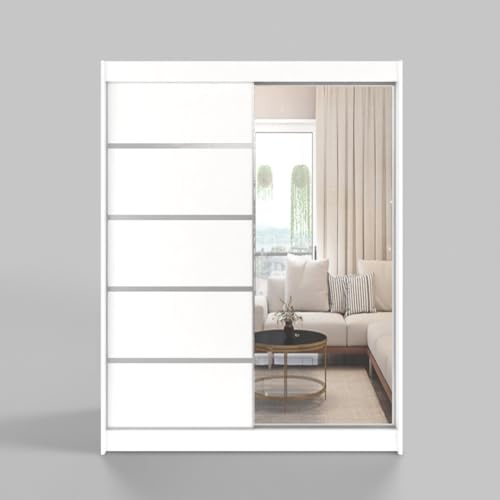 Gaba furniture White Series 150 cm Sliding Door Wardrobe with Mirror Widths 100/120/150/180/200/250 cm Furniture for Bedroom Living Room Wardrobe with Hanging Rail