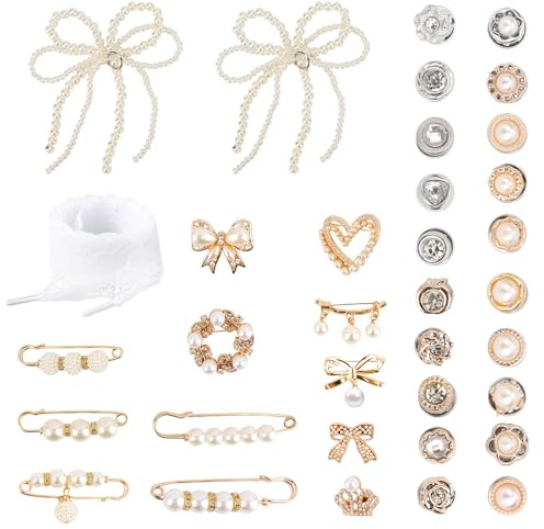 FIDWALL Lot de 36 Charms DIY pour Chaussures et Chaussettes, Broches, Perles, Noeuds et Dentelle, Bijoux de Chaussures Fantaisie, Accessoires pour Sneakers et Jambières