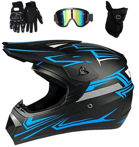 Youth Kids Fashion MTB Motocross Helmet, Full Face Off Road Street Motorbike ATV Scooter Helmets, Downhill Enduro BMX Quad Dirt Bike Crash Helmet, with Goggles Gloves Mask(Blue,L/56-57CM)